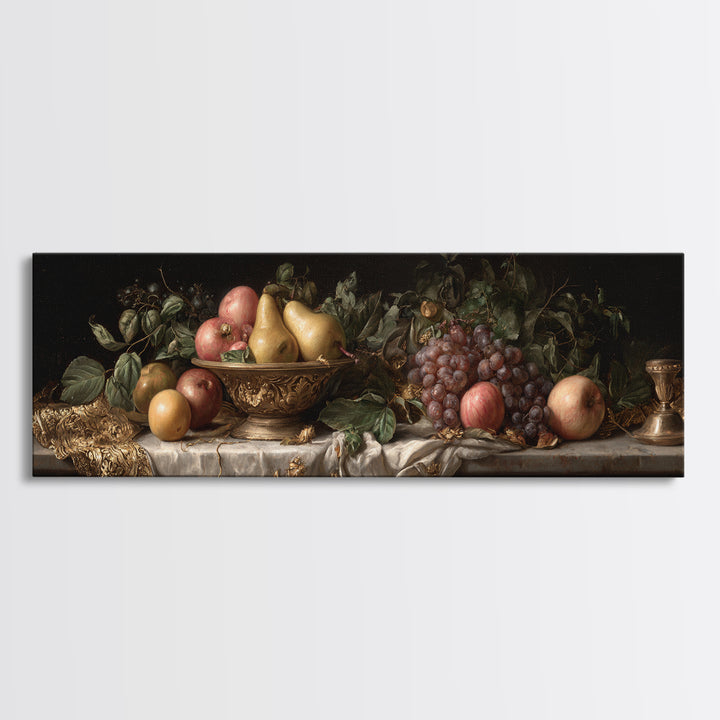 Basket of Apples and Pears on Linen Framed Canvas Print, Traditional Art, Art Commissions, Living Room Decor, Fine Art, Classic, TRA-3x1-58