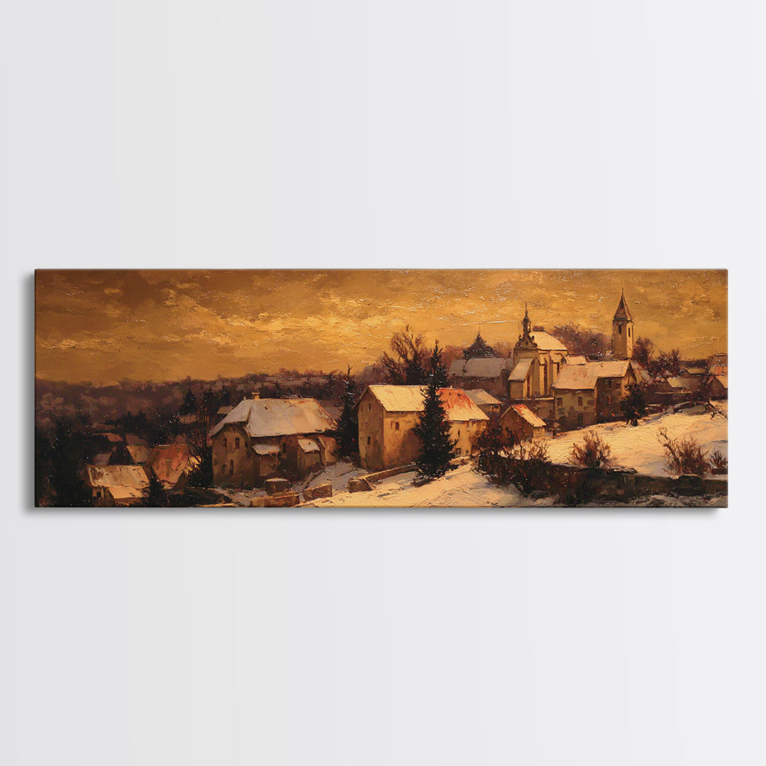 Snowy Village Landscape at Twilight Framed Canvas Print, Traditional Art, Wall Decor, Living Room Decor, Fine Art, Classic, TRA-3x1-59
