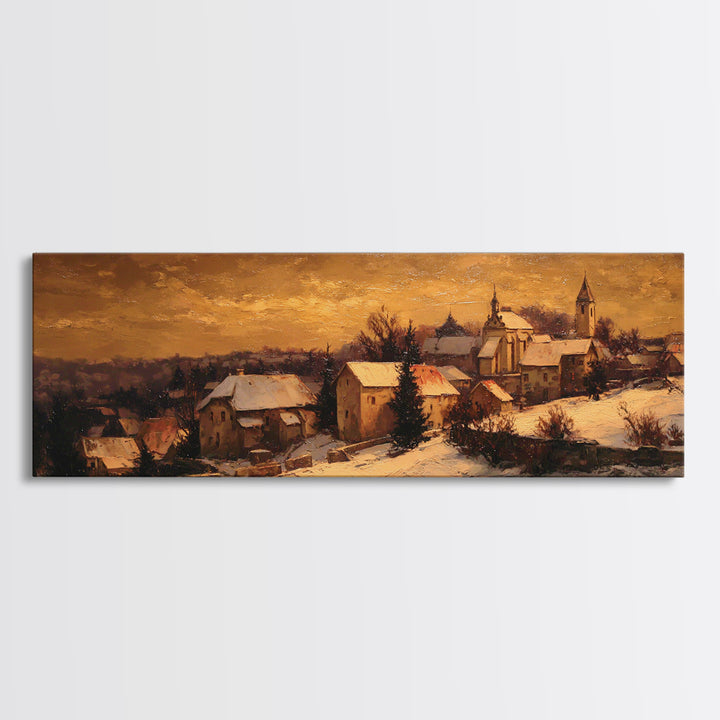 Snowy Village Landscape at Twilight Framed Canvas Print, Traditional Art, Wall Decor, Living Room Decor, Fine Art, Classic, TRA-3x1-59