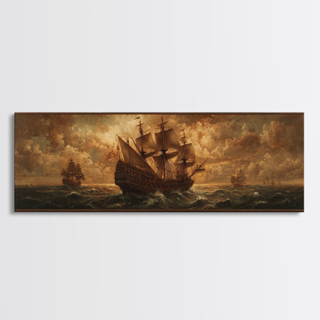Ship at Sea Canvas Print, Traditional Art, Indian Decor, Living Room Decor, Fine Art, Classic, Luxury Decor, Textured Painting, TRA-3x1-6