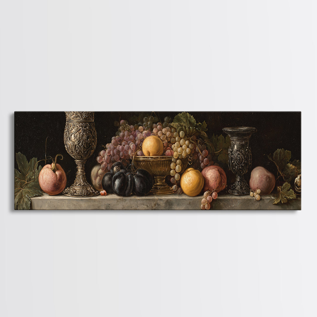 Dutch Fruit and Silver Goblet Still Life Framed Canvas Print, Traditional Art, Living Room Decor, Watercolor Art, Classic, TRA-3x1-68