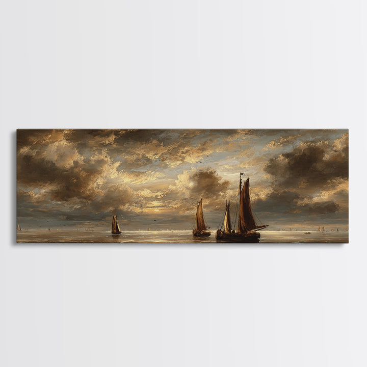 Seascape with Sailboats and Cloudy Sky Framed Canvas Print, Traditional Art, Gallery Decor, Living Room Decor, Classic, TRA-3x1-69