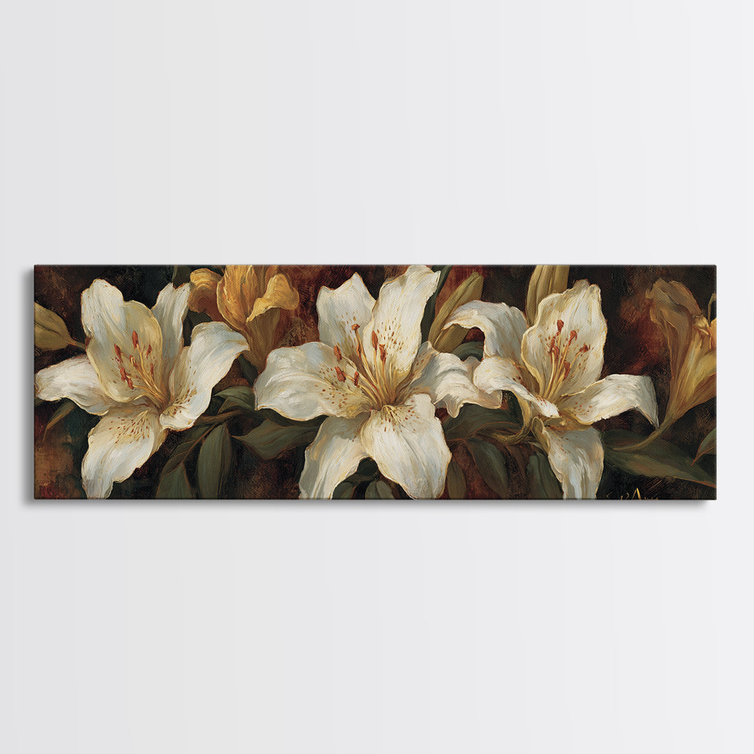 White Lilies on Dark Background Framed Canvas Print, Traditional Art, Statement Artwork, Living Room Decor, Fine Art, Classic, TRA-3x1-7