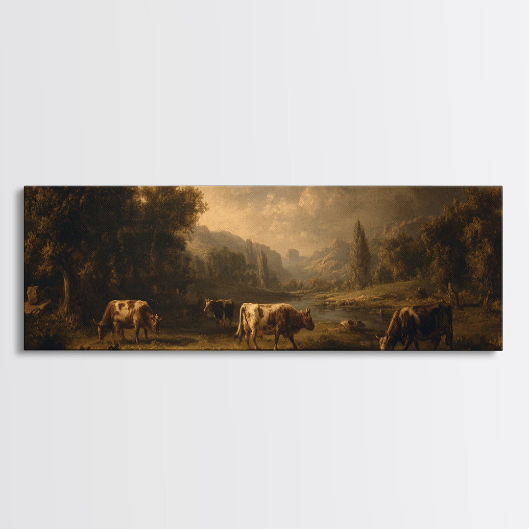 Pastoral Countryside with Cows in Field Canvas Print, Traditional Art, Artwork, Living Room Decor, Fine Art, Classic, TRA-3x1-71