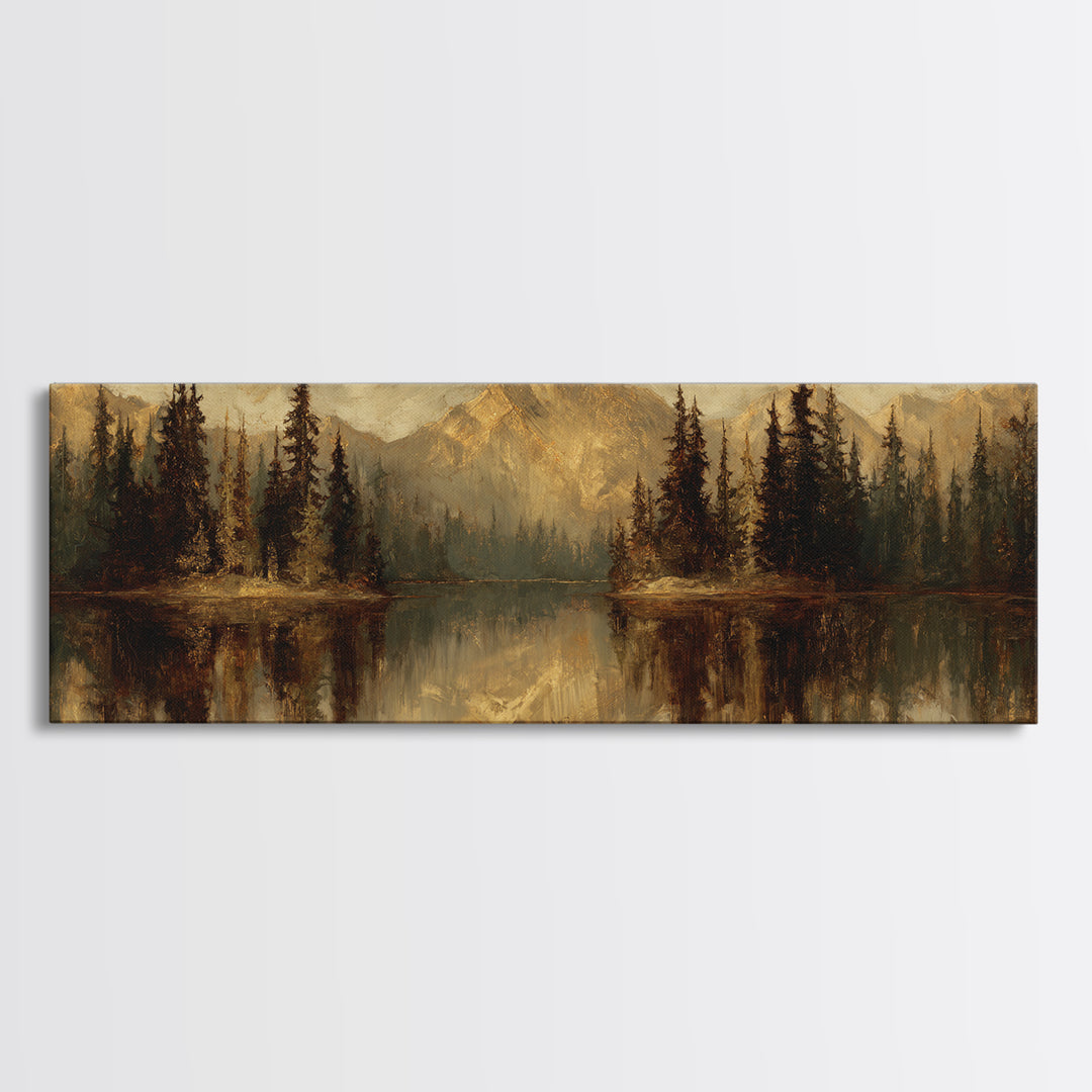 Mountain Lake with Pine Forest Reflection Framed Canvas Print, Traditional Art, Neutral Decor, Living Room Decor, Oil Painting, TRA-3x1-73