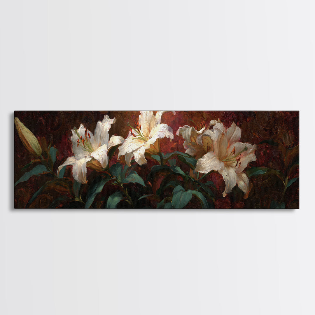 White Lilies on Dark Background Framed Canvas Print, Traditional Art, Digital Print, Living Room Decor, Oil Painting, Classic, TRA-3x1-79