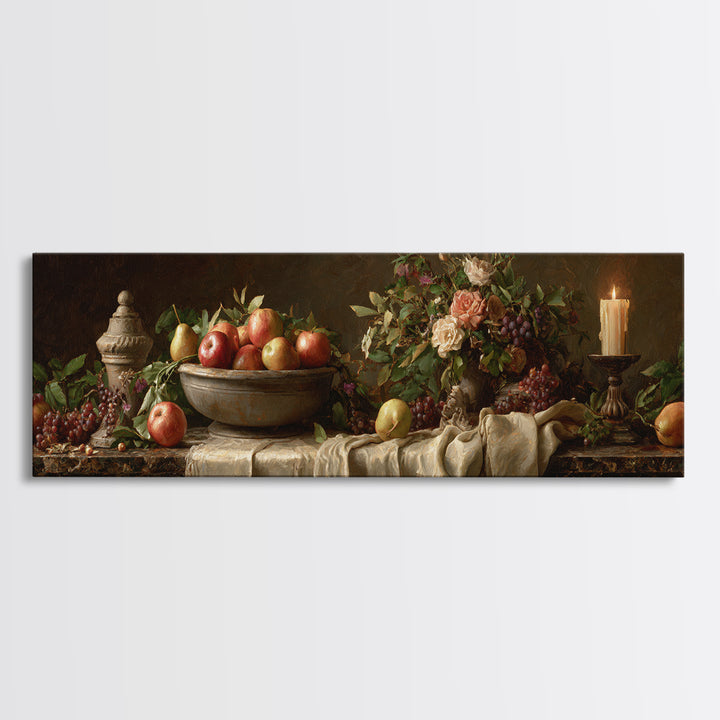 Basket of Apples and Pears on Linen Framed Canvas Print, Traditional Art, Art Commissions, Living Room Decor, Fine Art, Classic, TRA-3x1-82