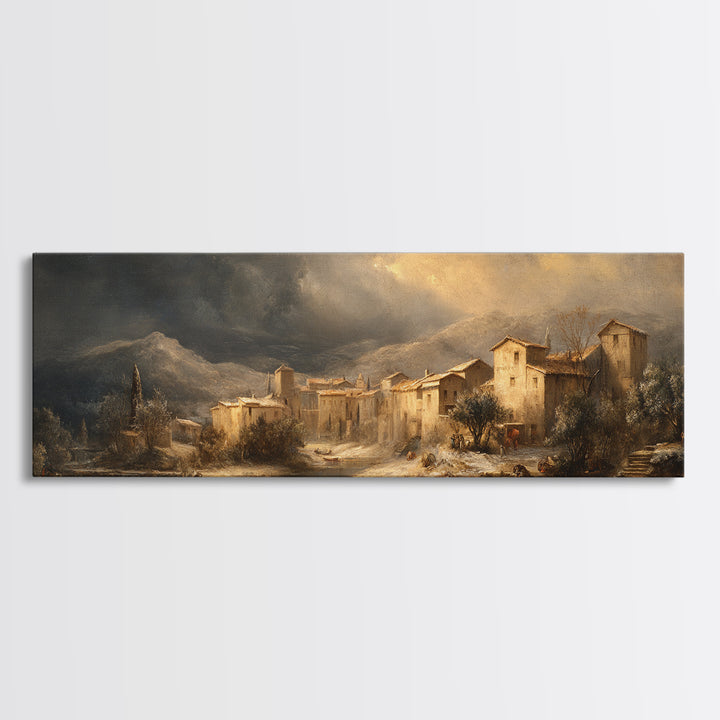 Snowy Village Landscape at Twilight Canvas Print, Traditional Art, Art Commission, Living Room Decor, Fine Art, Classic, TRA-3x1-83
