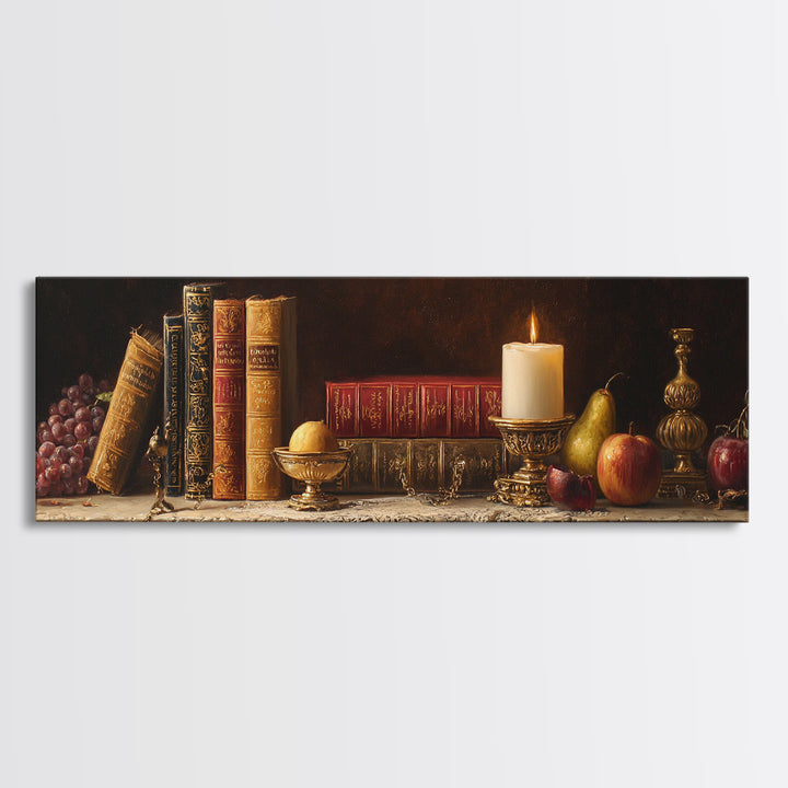 Still Life of Books Candle and Fruit Framed Canvas Print, Traditional Art, Painting, Living Room Decor, Fine Art, Classic, TRA-3x1-84