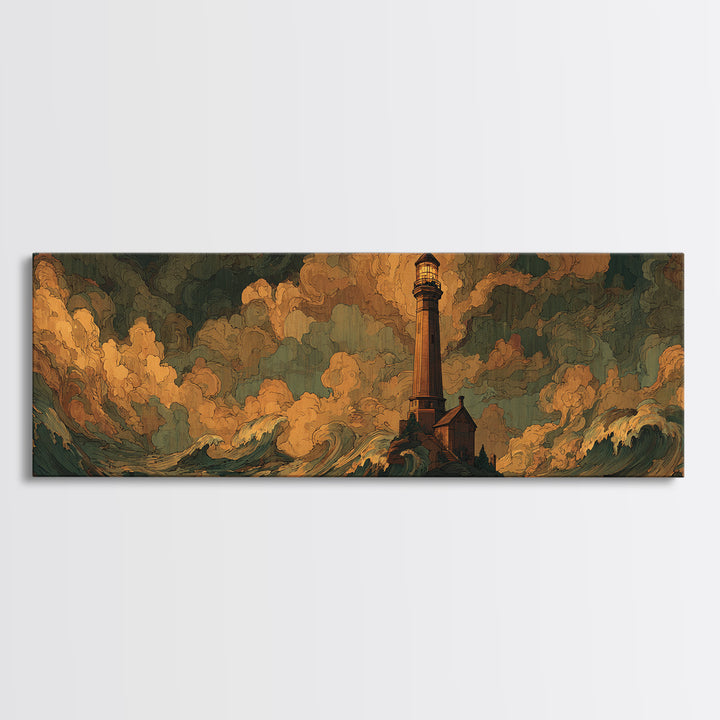 Lighthouse with Crashing Waves Canvas Print, Traditional Art, Dark Art, Living Room Decor, Oil Painting, Classic, TRA-3x1-85