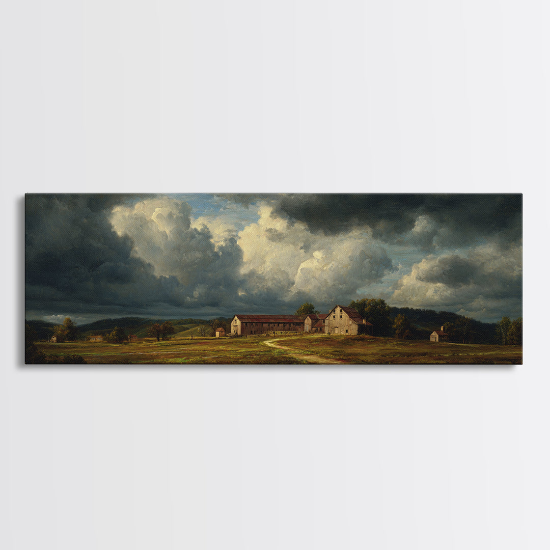 Barn and Farmland Framed Canvas Print, Traditional Art, Boho, Living Room Decor, Classic, Indian Wall Art, Japanese Decor, TRA-3x1-87