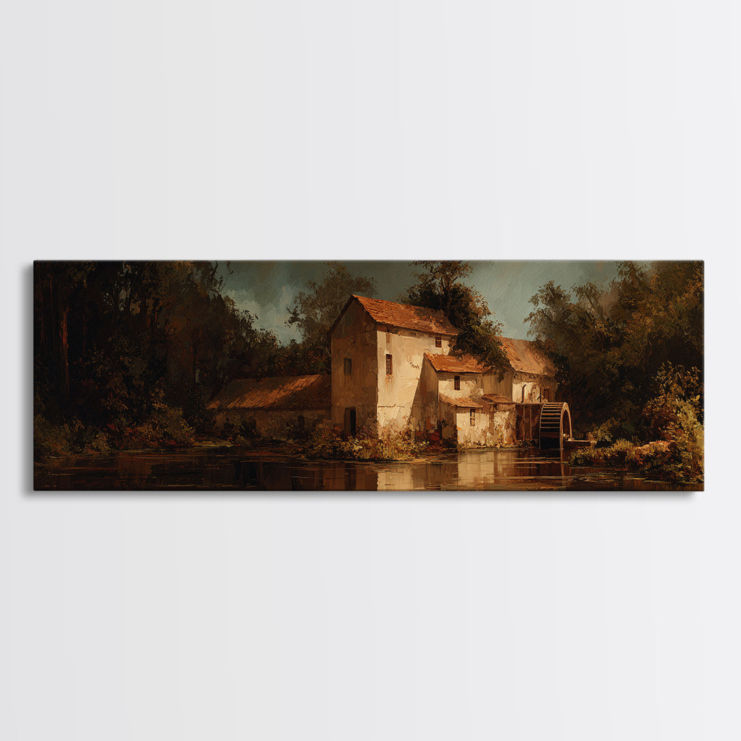 Watermill Beside a Quiet Stream Framed Canvas Print, Traditional Art, Living Room Decor, Fine Art, Classic, Dark Art, TRA-3x1-9