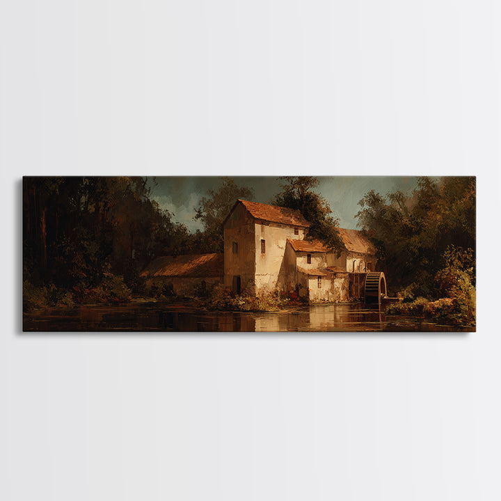Watermill Beside a Quiet Stream Framed Canvas Print, Traditional Art, Living Room Decor, Fine Art, Classic, Dark Art, TRA-3x1-9