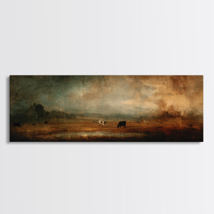Pastoral Countryside with Cows in Field Canvas Print, Traditional Art, Art Print, Living Room Decor, Oil Painting, Classic, TRA-3x1-95