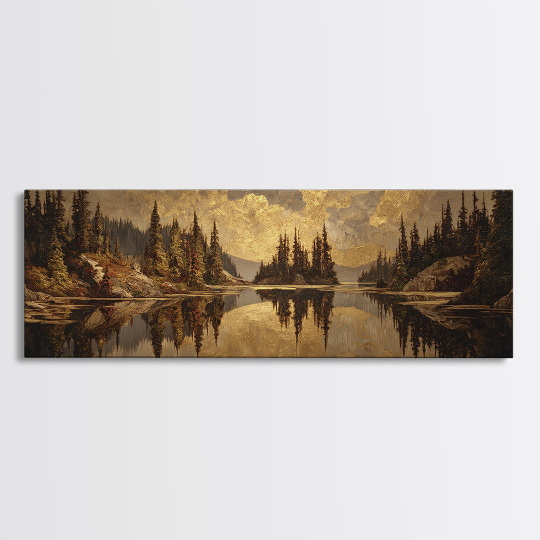 Mountain Lake with Pine Forest Reflection Canvas Print, Traditional Art, Luxury Decor, Living Room Decor, Fine Art, Classic, TRA-3x1-97