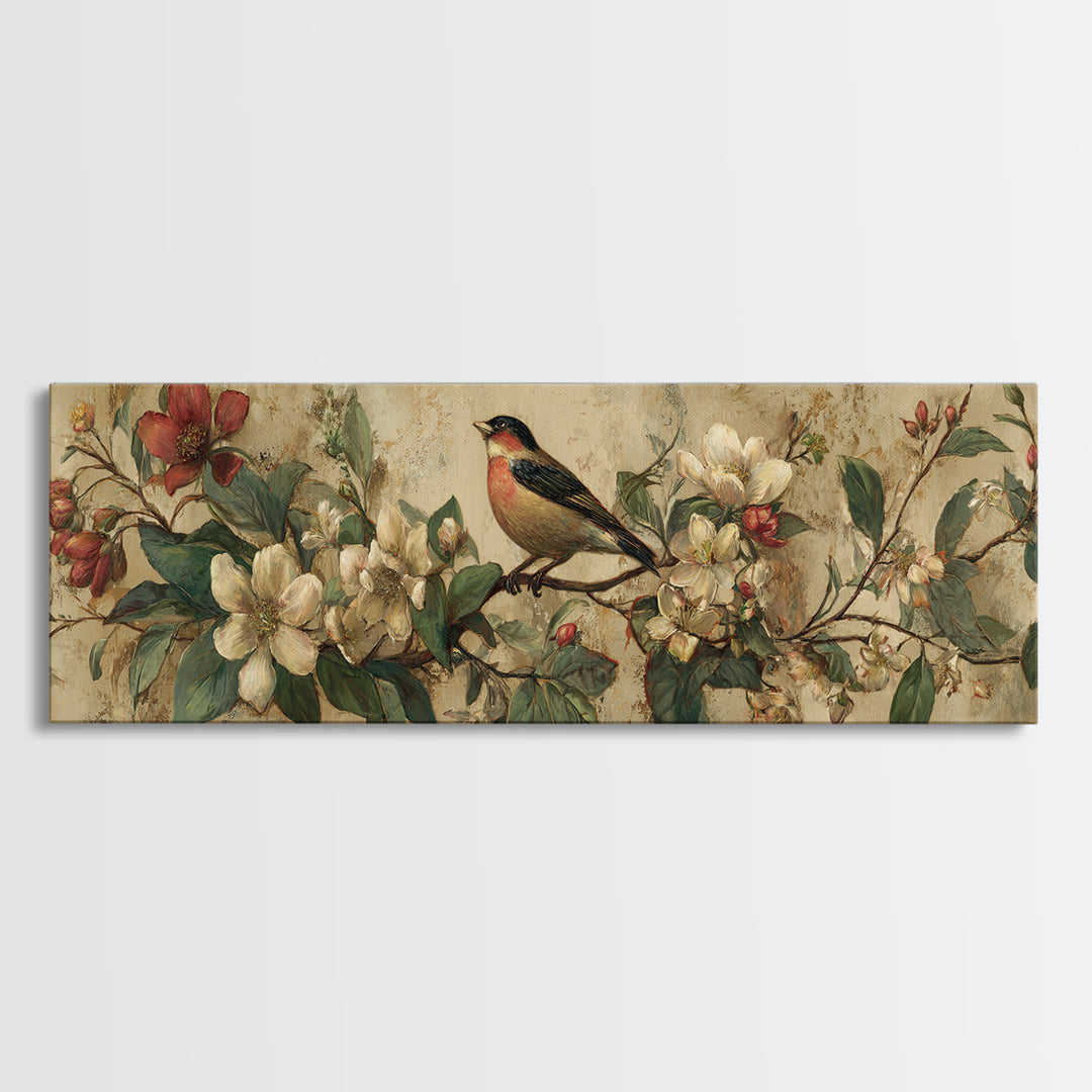 Bird Study on a Flowering Branch Canvas Print, Traditional Art, Indian Art, Living Room Decor, Oil Painting, Classic, TRA-3x1-98