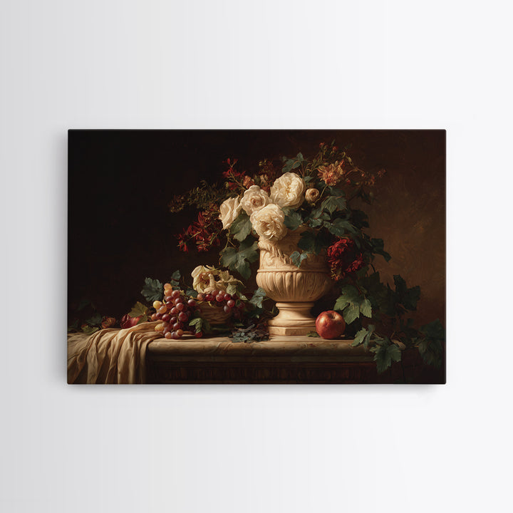 Garden Urn with Roses and Ivy Framed Canvas Print, Traditional Art, Wall Art, Living Room Decor, Watercolor Art, Classic, TRA-3x2-100