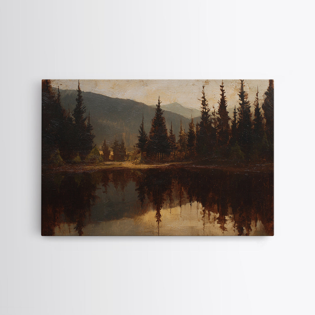 Mountain Lake with Pine Forest Reflection Framed Canvas Print, Traditional Art, Indian Wall Art, Living Room Decor, Classic, TRA-3x2-13