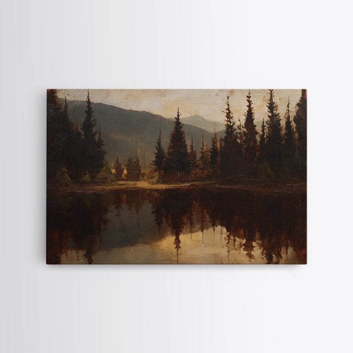 Mountain Lake with Pine Forest Reflection Framed Canvas Print, Traditional Art, Indian Wall Art, Living Room Decor, Classic, TRA-3x2-13