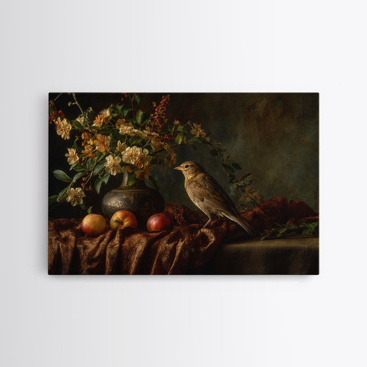 Bird Study on a Flowering Branch Framed Canvas Print, Traditional Art, Artwork, Living Room Decor, Oil Painting, Classic, TRA-3x2-14