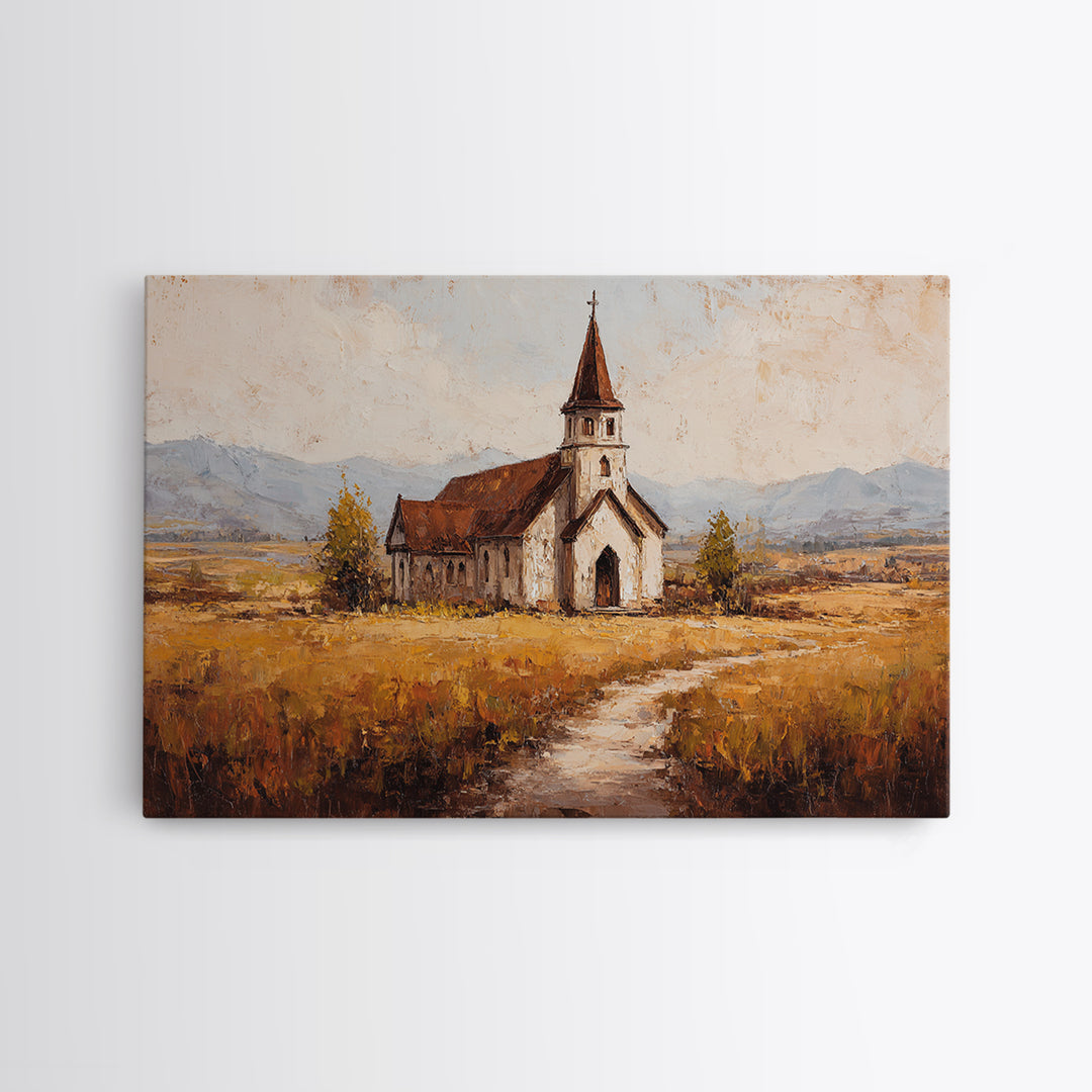 Church Steeple Across Rural Meadow Canvas Print, Traditional Art, Japanese Decor, Living Room Decor, Fine Art, Classic, TRA-3x2-17