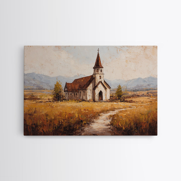 Church Steeple Across Rural Meadow Canvas Print, Traditional Art, Japanese Decor, Living Room Decor, Fine Art, Classic, TRA-3x2-17