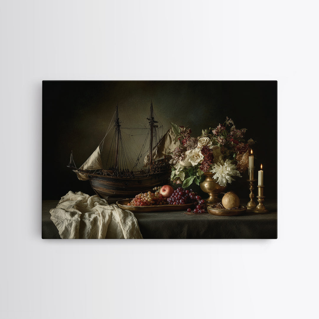 Ship at Sea Framed Canvas Print, Traditional Art, Original Art, Living Room Decor, Fine Art, Classic, Landscape, Indian Art, TRA-3x2-18