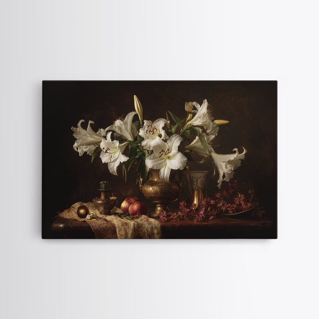 White Lilies on Dark Background Framed Canvas Print, Traditional Art, Statement Artwork, Living Room Decor, Fine Art, Classic, TRA-3x2-19