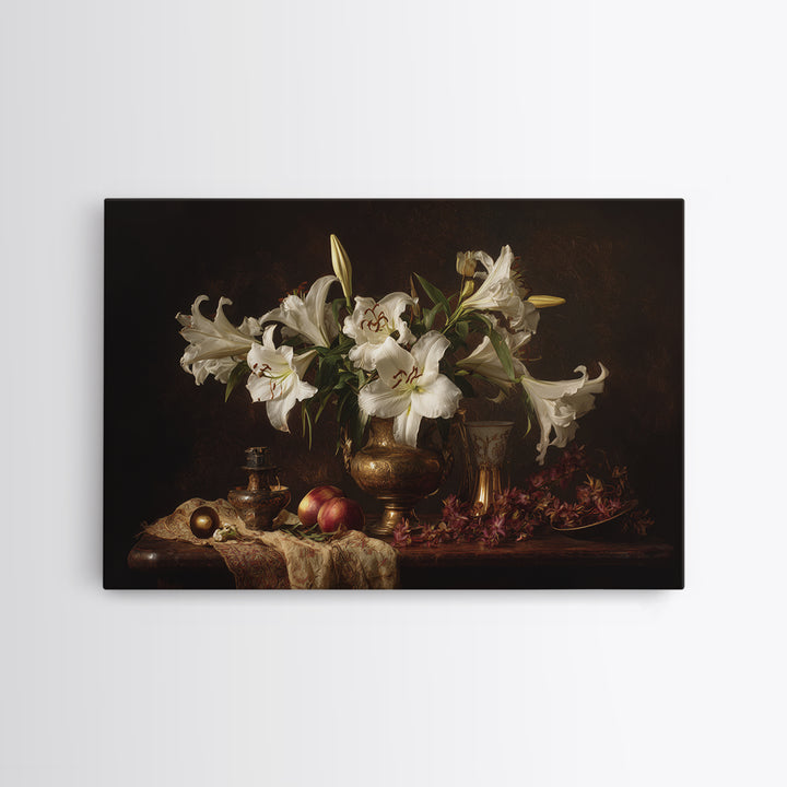 White Lilies on Dark Background Framed Canvas Print, Traditional Art, Statement Artwork, Living Room Decor, Fine Art, Classic, TRA-3x2-19
