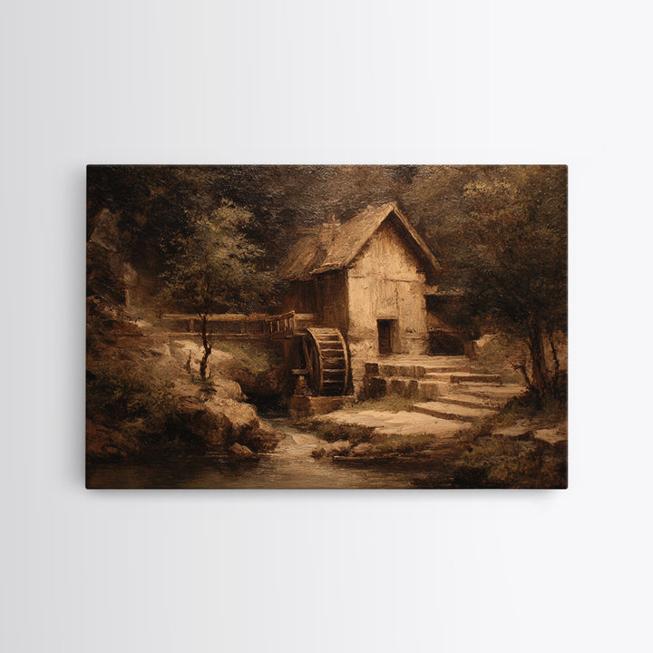 Watermill Beside a Quiet Stream Canvas Print, Traditional Art, Indian Decor, Living Room Decor, Fine Art, Classic, Luxury Decor, TRA-3x2-21