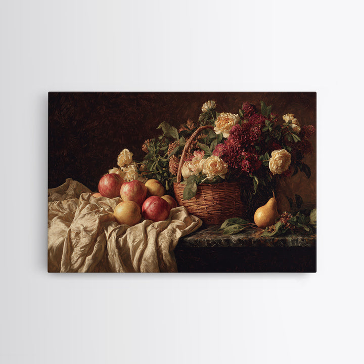 Basket of Apples and Pears on Linen Canvas Print, Traditional Art, Digital Print, Living Room Decor, Abstract Art, Classic, TRA-3x2-22
