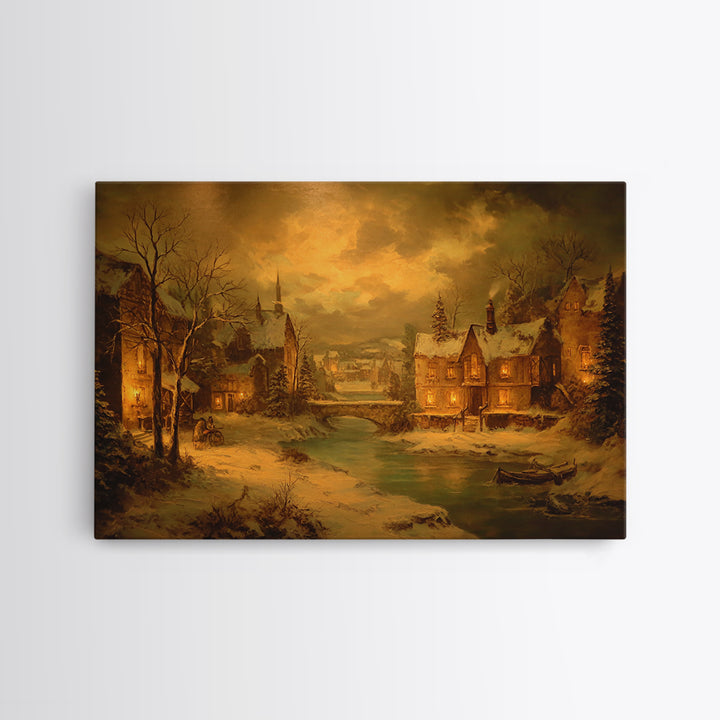 Snowy Village Landscape at Twilight Framed Canvas Print, Traditional Art, Indian Art, Living Room Decor, Oil Painting, Classic, TRA-3x2-23