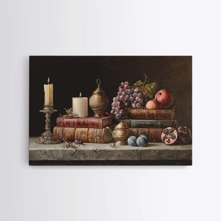 Still Life of Books Candle and Fruit Framed Canvas Print, Traditional Art, Indian Decor, Living Room Decor, Fine Art, Classic, TRA-3x2-24