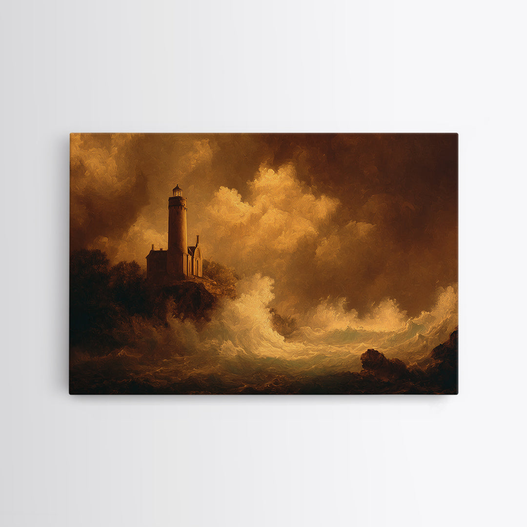 Lighthouse with Crashing Waves Framed Canvas Print, Traditional Art, Landscape, Living Room Decor, Abstract Art, Classic, TRA-3x2-25