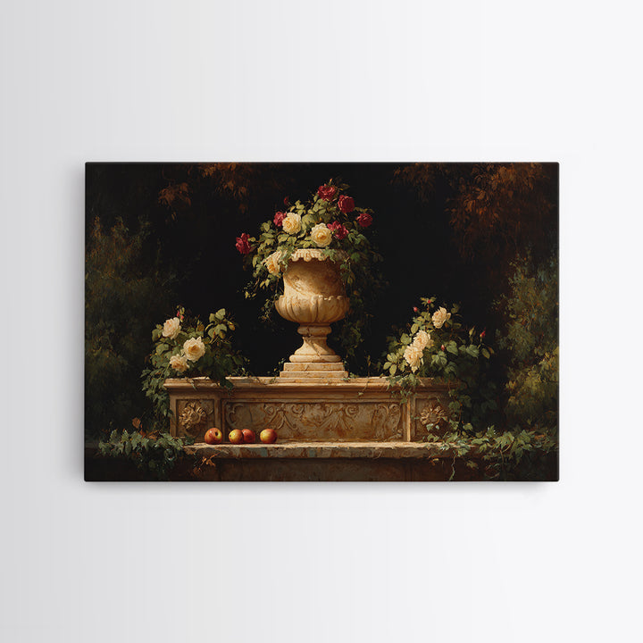 Garden Urn with Roses and Ivy Framed Canvas Print, Traditional Art, Custom Art, Living Room Decor, Fine Art, Classic, TRA-3x2-28