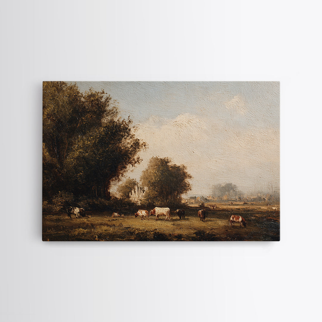 Pastoral Countryside with Cows in Field Framed Canvas Print, Traditional Art, Room Decor, Living Room Decor, Fine Art, Classic, TRA-3x2-35