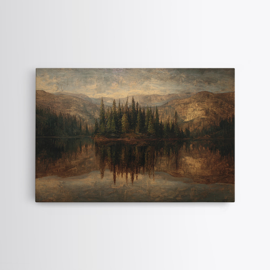 Mountain Lake with Pine Forest Reflection Canvas Print, Traditional Art, Dark Art, Living Room Decor, Fine Art, Classic, TRA-3x2-37