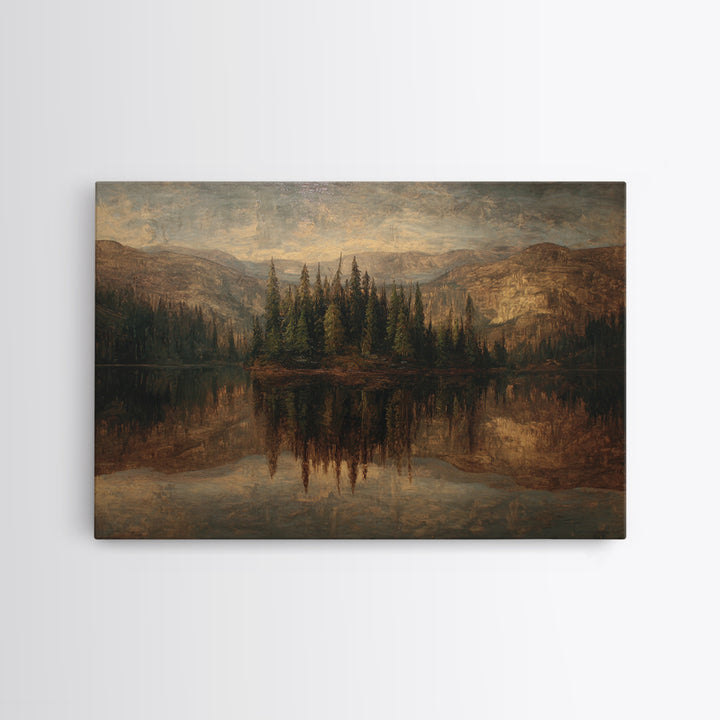 Mountain Lake with Pine Forest Reflection Canvas Print, Traditional Art, Dark Art, Living Room Decor, Fine Art, Classic, TRA-3x2-37