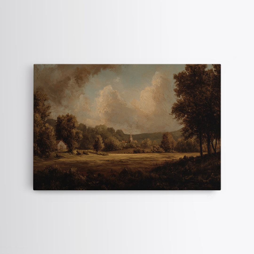 Church Steeple Across Rural Meadow Framed Canvas Print, Traditional Art, Pokemon Poster, Living Room Decor, Watercolor Art, TRA-3x2-41