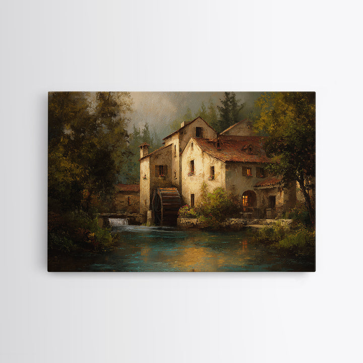 Watermill Beside a Quiet Stream Framed Canvas Print, Traditional Art, Gallery Decor, Living Room Decor, Fine Art, Classic, TRA-3x2-45