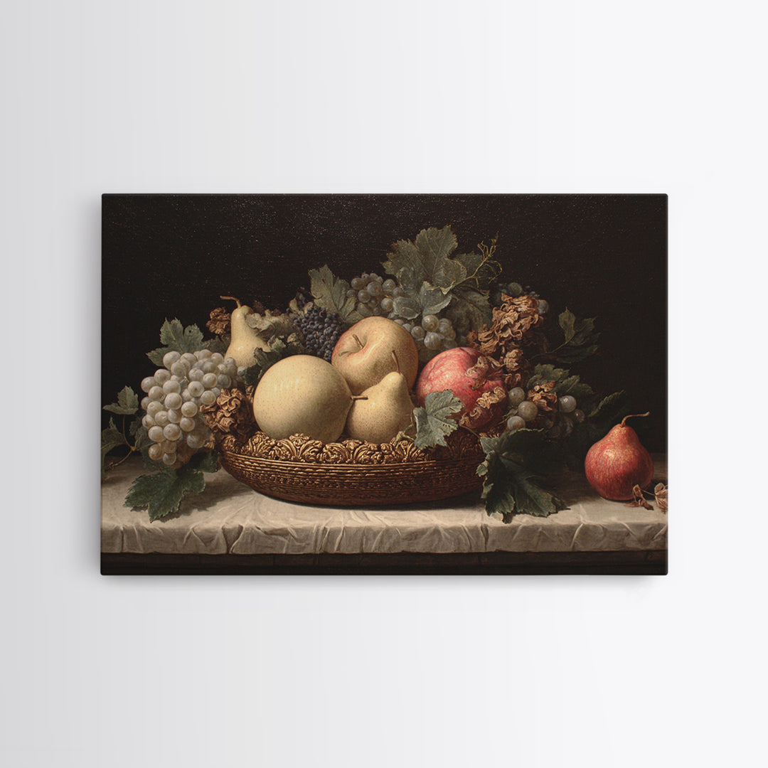 Basket of Apples and Pears on Linen Framed Canvas Print, Traditional Art, Custom Art, Living Room Decor, Abstract Art, Classic, TRA-3x2-46