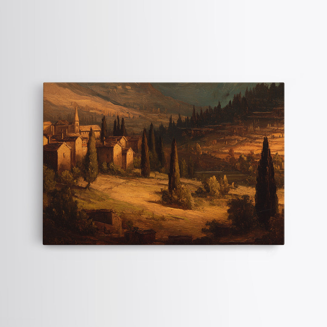Snowy Village Landscape at Twilight Framed Canvas Print, Traditional Art, Art Print, Living Room Decor, Fine Art, Classic, TRA-3x2-47