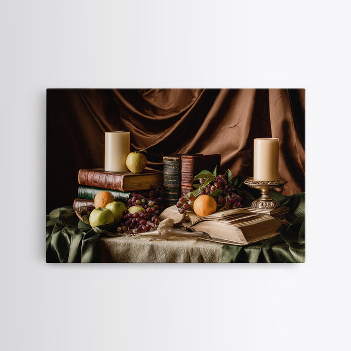 Still Life of Books Candle and Fruit Canvas Print, Traditional Art, Gallery Decor, Living Room Decor, Fine Art, Classic, TRA-3x2-48