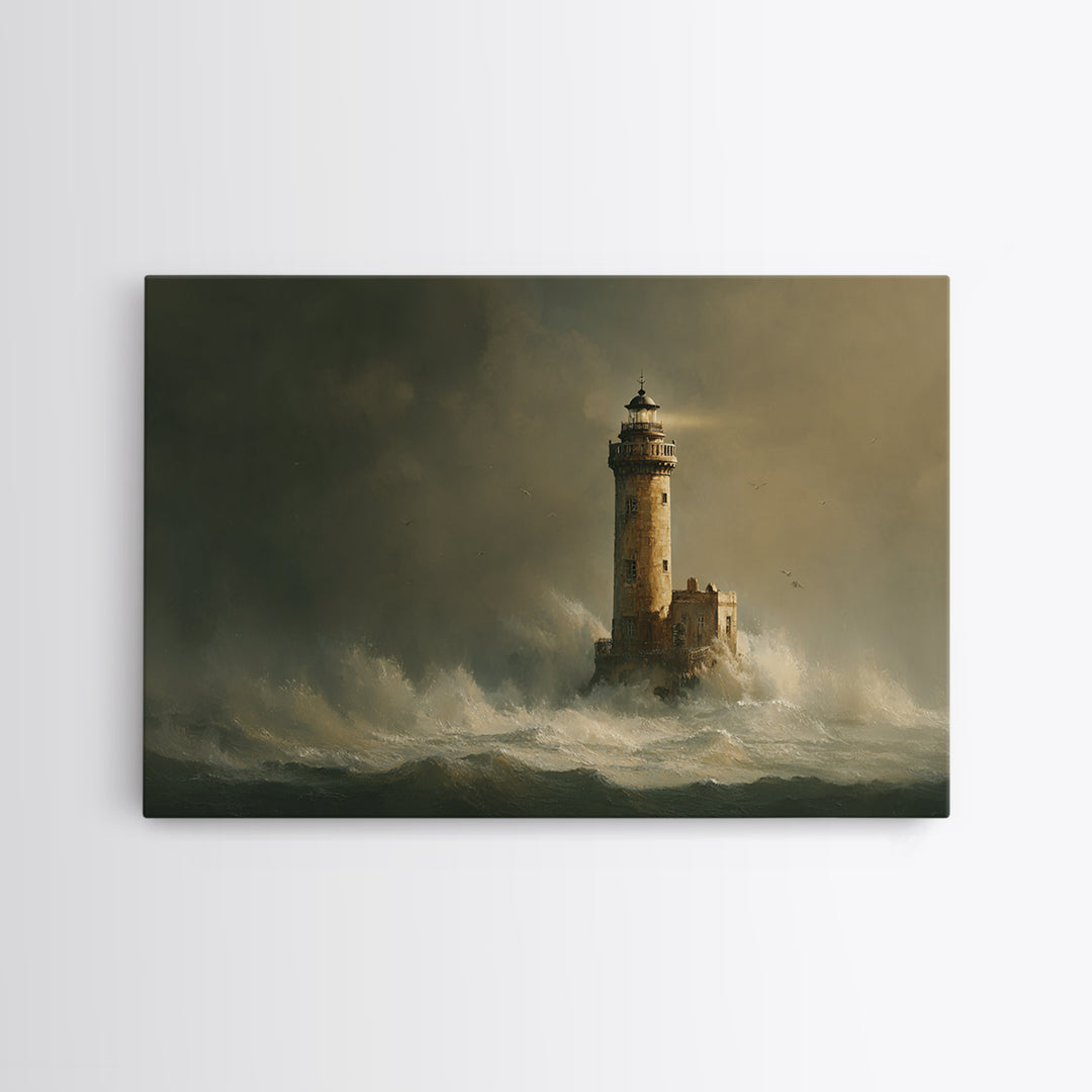 Lighthouse with Crashing Waves Canvas Print, Traditional Art, Neutral Decor, Living Room Decor, Fine Art, Classic, Home Decor, TRA-3x2-49