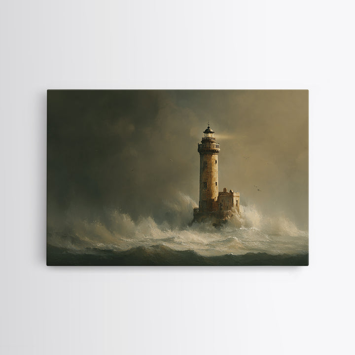 Lighthouse with Crashing Waves Canvas Print, Traditional Art, Neutral Decor, Living Room Decor, Fine Art, Classic, Home Decor, TRA-3x2-49