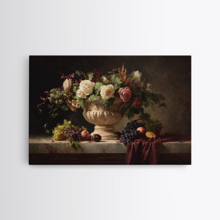 Garden Urn with Roses and Ivy Canvas Print, Traditional Art, Landscape, Living Room Decor, Fine Art, Classic, Textured Painting, TRA-3x2-52