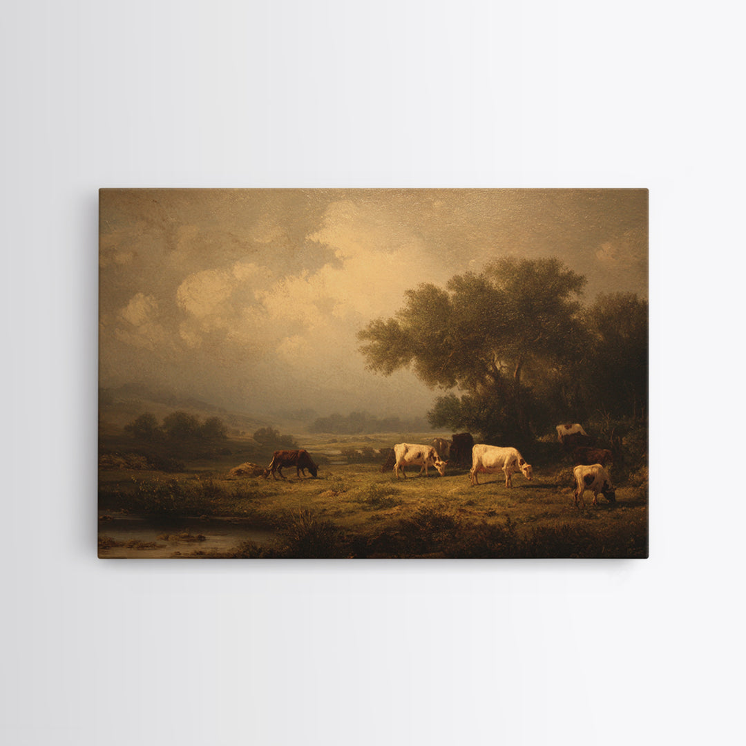 Pastoral Countryside with Cows in Field Framed Canvas Print, Traditional Art, Living Room Decor, Oil Painting, Classic, TRA-3x2-59