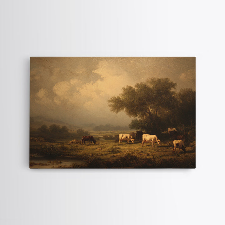Pastoral Countryside with Cows in Field Framed Canvas Print, Traditional Art, Living Room Decor, Oil Painting, Classic, TRA-3x2-59