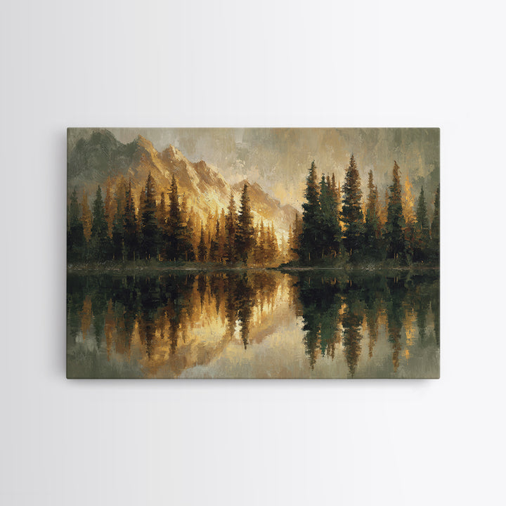Mountain Lake with Pine Forest Reflection Canvas Print, Traditional Art, Dark Art, Living Room Decor, Fine Art, Classic, TRA-3x2-61
