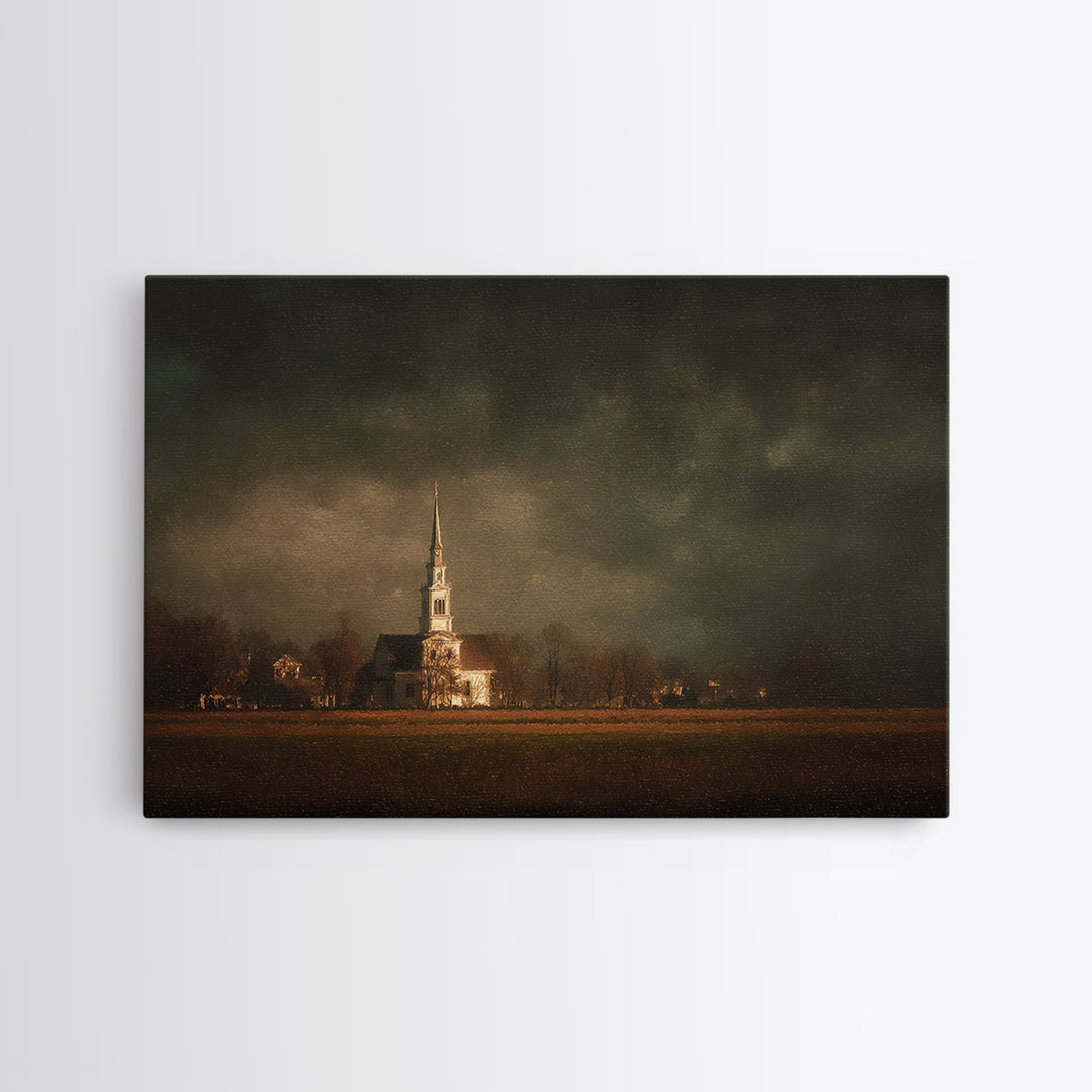 Church Steeple Across Rural Meadow Framed Canvas Print, Traditional Art, Pokemon Poster, Living Room Decor, Watercolor Art, TRA-3x2-65